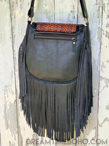 Hand Tooled Dreamcatcher Fringe Leather Boho Bag-Leather Crossbody Bag-Dreamtime Boho-Tan-Dreamtime Boho