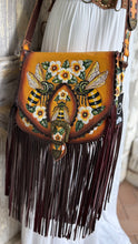 Load image into Gallery viewer, Bee Story Luxe Fringe Leather Crossbody Bag – Hand Painted Floral Bee Boho Bag