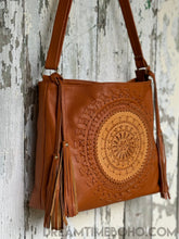 Load image into Gallery viewer, Tooled Leather Crossbody Mandala Boho Bag-Crossbody Bag-Dreamtime Boho-Tan-Dreamtime Boho