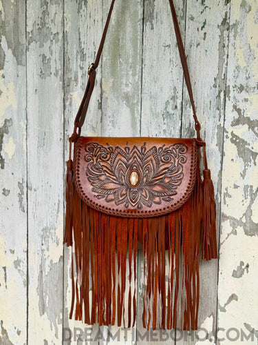 Lotus Fringe Leather Crossbody Boho Bag-Apparel & Accessories-Dreamtime Boho -Dark Brown-Dreamtime Boho