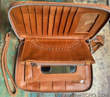 Load image into Gallery viewer, Hand Tooled Genuine Leather Wallet with Wristlet – Boho Style-Handbags, Wallets &amp; Cases-Dreamtime Boho -Dreamtime Boho