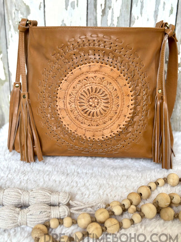 Tooled Leather Crossbody Mandala Boho Bag-Crossbody Bag-Dreamtime Boho-Black-Dreamtime Boho