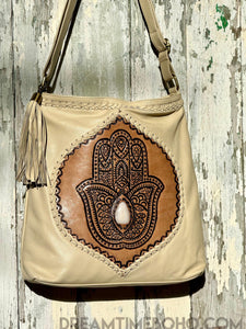 Hamsa Hand Tooled Leather Crossbody Boho Bag-Handbags, Wallets & Cases-Dreamtime Boho -Dreamtime Boho