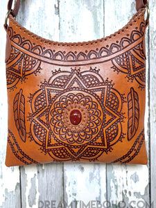 Hand Tooled Mandala Crossbody Leather Bag-Crossbody Bag-Dreamtime Boho -Brown-Dreamtime Boho