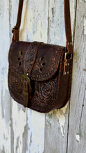 Load image into Gallery viewer, Hand Tooled Rustic Rose Leather Crossbody Saddle Bag