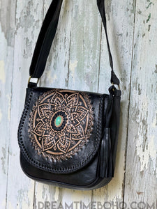 Mandala Leather Crossbody Boho Bag-Handbags, Wallets & Cases-Dreamtime Boho -Black-Dreamtime Boho