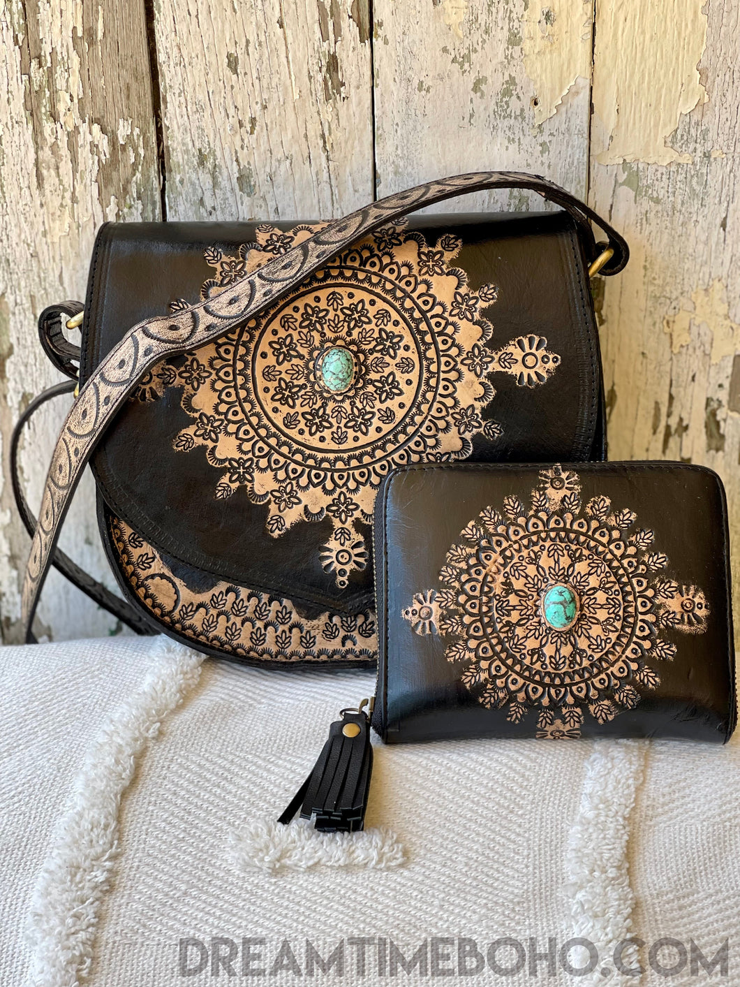 Hand Tooled Mandala Crossbody Leather Bag-Handbags-Dreamtime Boho-Black Bag + Wallet Set-Dreamtime Boho