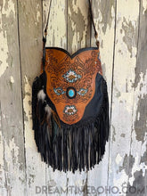 Load image into Gallery viewer, Hand Tooled Black Betty Fringed Cross Body Leather Boho Bag-Handbags-Dreamtime Boho -Dreamtime Boho