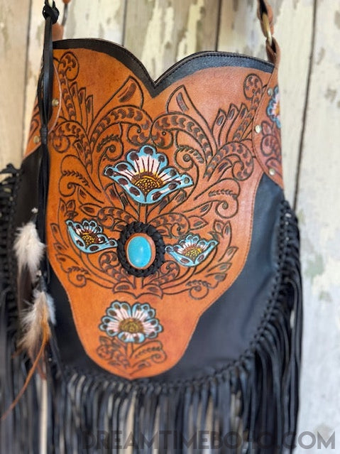 Hand Tooled Black Raven Fringed Leather Boho Bag – Dreamtime Boho