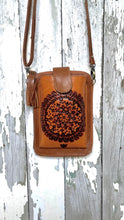 Load image into Gallery viewer, Boho Mandala hand tooled genuine leather phone wallet crossbody in tan with adjustable removable strap.