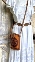 Load image into Gallery viewer, Boho Mandala hand tooled leather phone wallet crossbody styled with a white bohemian dress.