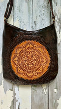 Load image into Gallery viewer, Boho Rustic Soul Mandala Leather Crossbody Bag in antique brown and dark brown genuine leather with a large hand-tooled mandala design. Designed in Australia by Dreamtime Boho.