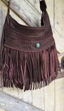 Load image into Gallery viewer, Brown leather fringe shoulder bag with turquoise gemstone and bohemian detailing