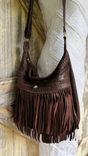 Load image into Gallery viewer, Brooklyn brown leather fringe boho crossbody bag with turquoise gemstone detail
