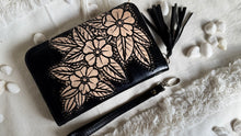 Load image into Gallery viewer, Back of hand tooled leather boho wallet with detailed floral design