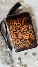 Load image into Gallery viewer, Brown hand tooled buffalo leather wallet with detachable wristlet strap