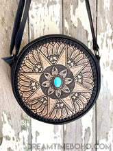 Load image into Gallery viewer, Hand Tooled Round Leather Mandala Star Boho Bag-Handbags-Dreamtime Boho -Turquoise Stone-Dreamtime Boho