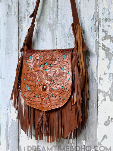 Hand Tooled Brown Raven Leather Fringe Boho Bag-Leather Crossbody Bag-Dreamtime Boho-Dreamtime Boho