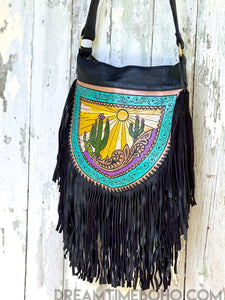 Cactus Desert Sun Leather Crossbody Fringe Boho Bag-Crossbody Bag-Dreamtime Boho -Dreamtime Boho
