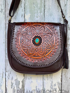 Mandala Leather Crossbody Boho Bag-Handbags, Wallets & Cases-Dreamtime Boho -Dark Chocolate-Dreamtime Boho