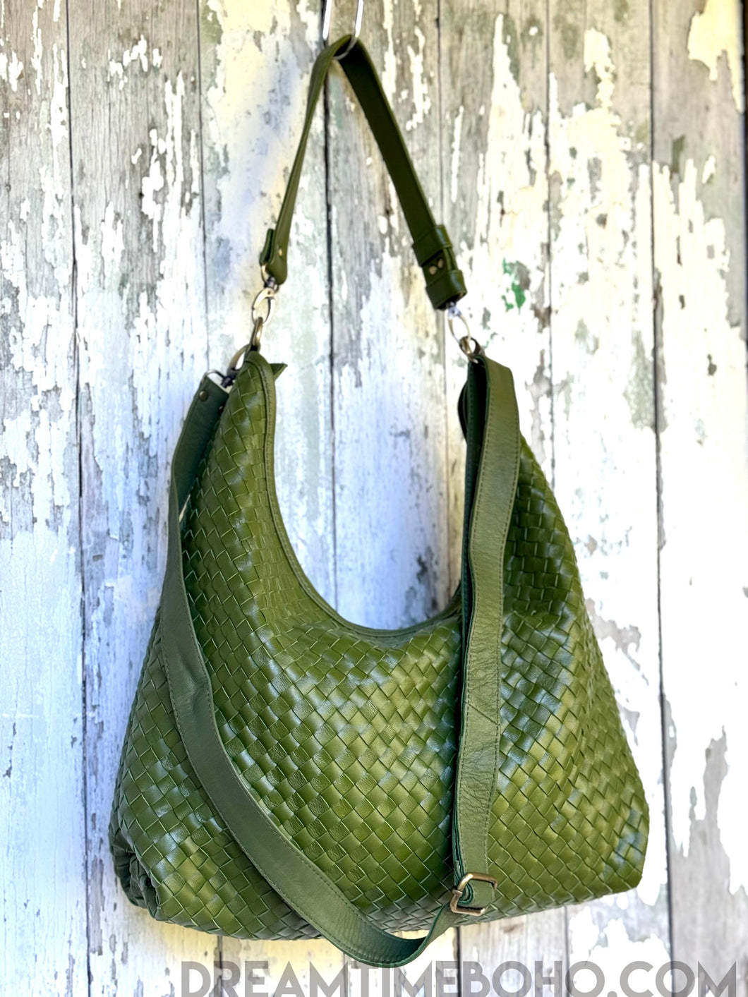Handmade Woven Leather Crossbody Boho Bag - Olive Green-Apparel & Accessories-Dreamtime Boho -Dreamtime Boho