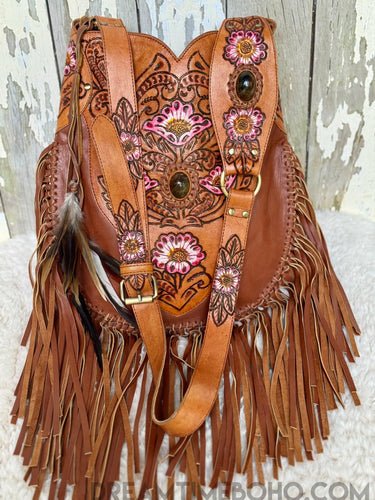Goddess Hand Tooled Fringed Luxe Leather Boho Bag-Fringed Bag-Dreamtime Boho-Dreamtime Boho