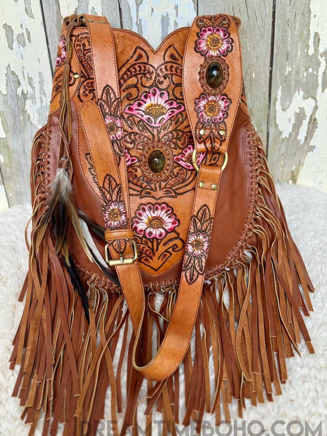 Goddess Hand Tooled Fringe Leather Boho Bag-Fringed Bag-Dreamtime Boho-Dreamtime Boho