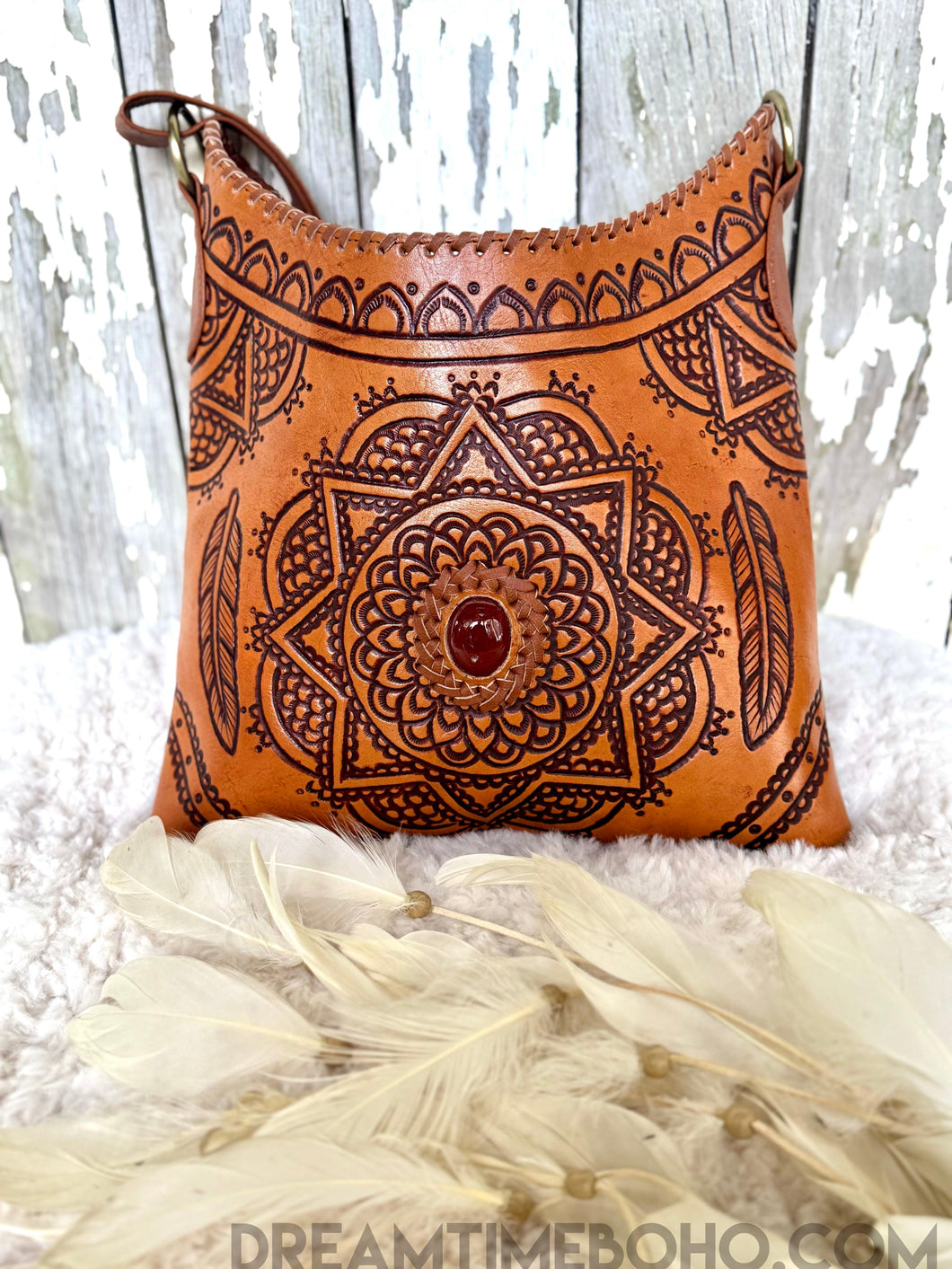 Hand Tooled Mandala Crossbody Leather Bag-Crossbody Bag-Dreamtime Boho -Brown-Dreamtime Boho