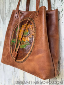 Luxe Handtooled Sunflower Leather Shoulder Tote Bag-Leather Shoulder Bag-Dreamtime Boho-Dreamtime Boho