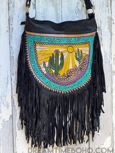Cactus Desert Sun Leather Crossbody Fringe Boho Bag-Crossbody Bag-Dreamtime Boho -Dreamtime Boho