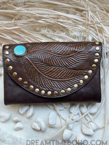 Hand Tooled Feather Turquoise Leather Wallet Purse-Apparel & Accessories-Dreamtime Boho -Dreamtime Boho
