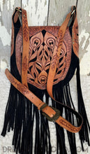 Load image into Gallery viewer, Black Leather Suede Handtooled Fringe Boho Bag - Shakira-Boho Fringe Bag-Dreamtime Boho-Dreamtime Boho