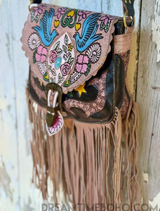 Hand Painted Black Love Story Fringe Leather Boho Bag-Handbags-Dreamtime Boho-Dreamtime Boho