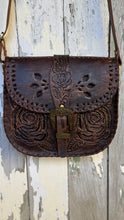 Load image into Gallery viewer, Hand Tooled Rustic Rose Leather Crossbody Saddle Bag