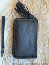 Load image into Gallery viewer, Hand Tooled Thunderbird Leather Purse Wallet with Turquoise Stone-Leather Wallet Purse-Dreamtime Boho-Black-Dreamtime Boho