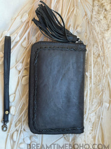 Hand Tooled Thunderbird Leather Purse Wallet with Turquoise Stone-Leather Wallet Purse-Dreamtime Boho-Black-Dreamtime Boho
