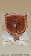 Load image into Gallery viewer, Hamsa Hand Leather Crossbody Boho Handbag-Crossbody Bag-Dreamtime Boho-Brown-Dreamtime Boho