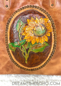 Luxe Handtooled Sunflower Leather Shoulder Tote Bag-Leather Shoulder Bag-Dreamtime Boho-Dreamtime Boho