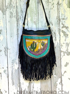 Cactus Desert Sun Leather Crossbody Fringe Boho Bag-Crossbody Bag-Dreamtime Boho -Dreamtime Boho