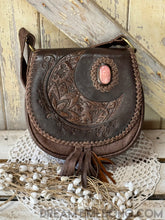 Load image into Gallery viewer, Hand Tooled Crystal Moon Leather Fringe Boho Bag-Leather Boho bag-Dreamtime Boho-Brown-Dreamtime Boho