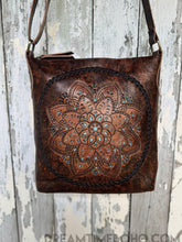 Load image into Gallery viewer, Hand Tooled Mandala Leather Crossbody Boho Bag-Crossbody Bag-Dreamtime Boho -Black-Dreamtime Boho
