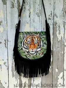 Hand Painted Tiger Fringe Leather Boho Bag-Leather Crossbody Bag-Dreamtime Boho-Dreamtime Boho