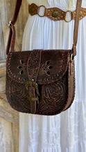 Load image into Gallery viewer, Hand Tooled Rustic Rose Leather Crossbody Saddle Bag