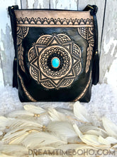 Load image into Gallery viewer, Tooled Mandala Crossbody Leather Boho Bag-Leather Crossbody Bag-Dreamtime Boho-Turquoise Stone-Dreamtime Boho