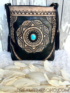 Tooled Mandala Crossbody Leather Boho Bag-Leather Crossbody Bag-Dreamtime Boho-Turquoise Stone-Dreamtime Boho