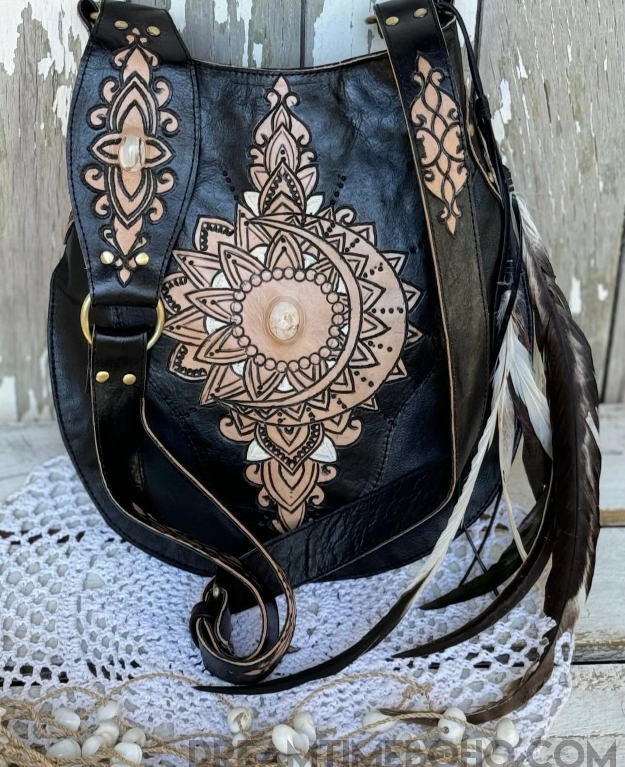 Tooled Leather Boho Bag with Feathers Sahara Fringe Free