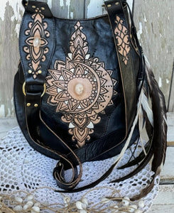 Tooled Leather Boho Bag with Feathers - Sahara Fringe Free