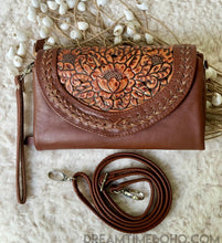 Load image into Gallery viewer, Tooled Leather Boho Wallet Purse Clutch Crossbody