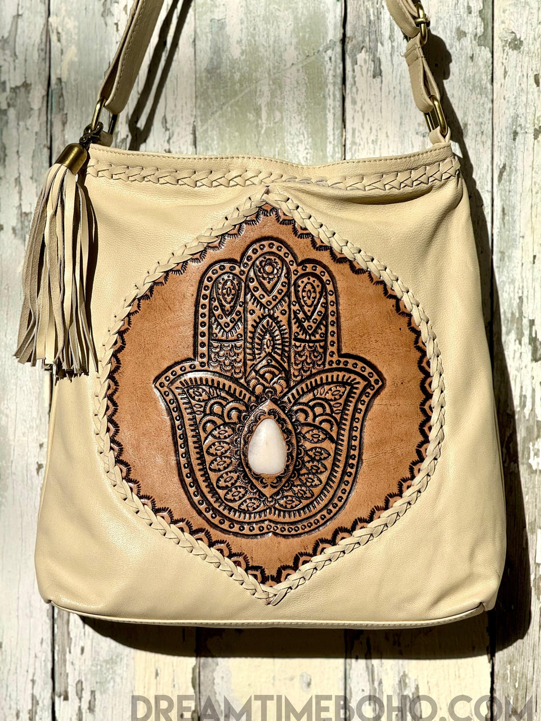 Hamsa Hand Tooled Leather Crossbody Boho Bag-Handbags, Wallets & Cases-Dreamtime Boho -Dreamtime Boho