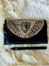 Load image into Gallery viewer, Tooled Leather Boho Wallet Purse Feather Antique Black-Leather Boho Wallet-Dreamtime Boho-Dreamtime Boho